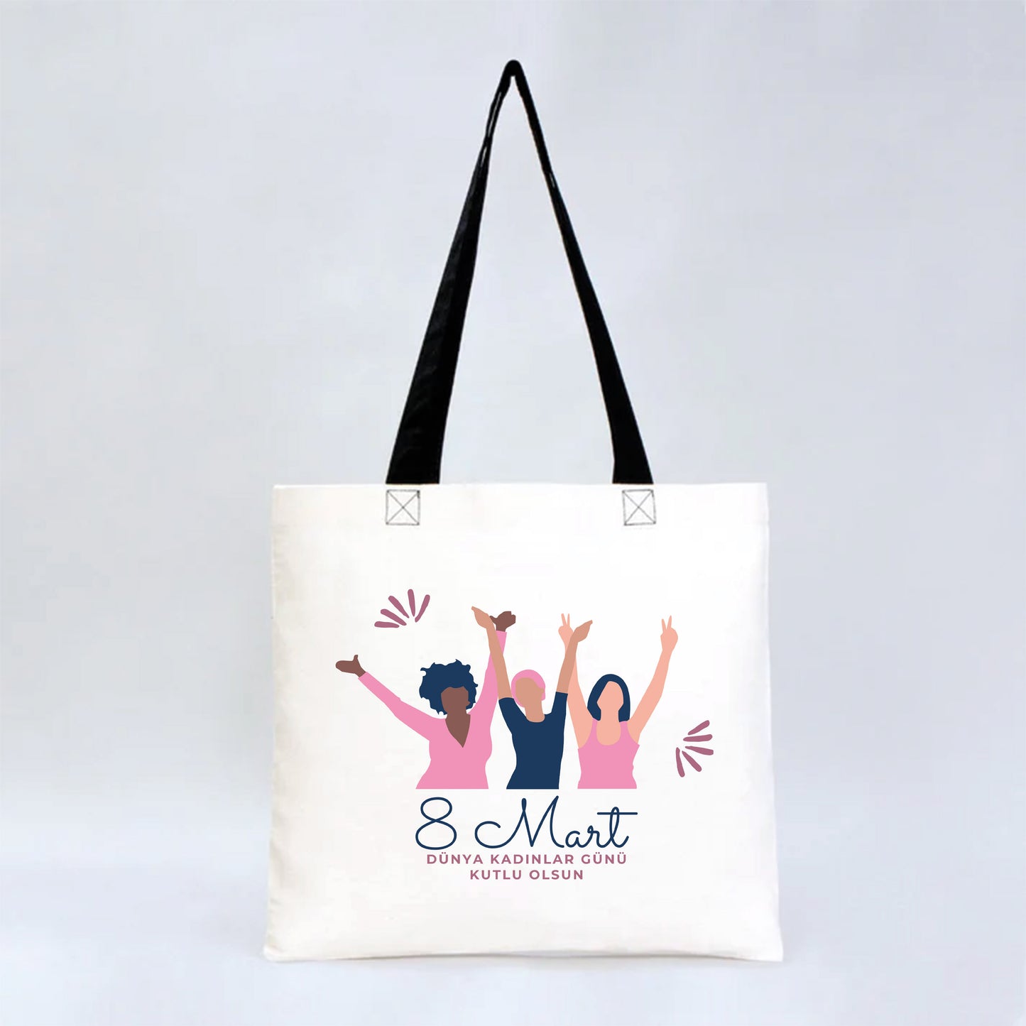 40x35 cm Gabardin Siyah Kulp Çanta - Kadınlar Günü