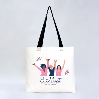 40x35 cm Gabardin Siyah Kulp Çanta - Kadınlar Günü