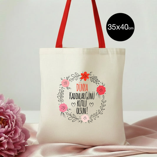 35x40 cm Kırmızı Kulp Ham Bez Çanta Baskılı - Kadınlar Günü