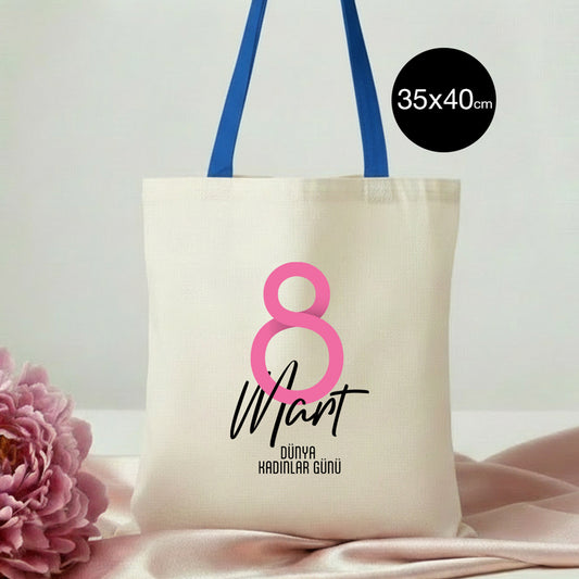 35x40 cm Saks Mavi Kulp Ham Bez Çanta Baskılı - Kadınlar Günü