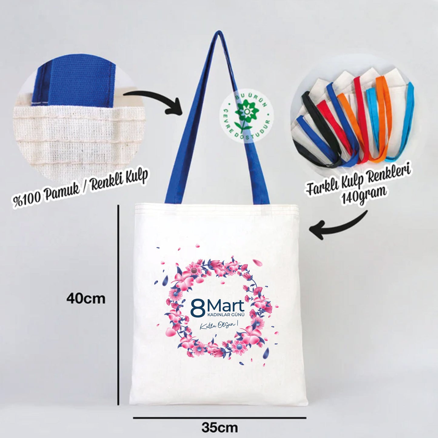 35x40 cm Saks Mavi Kulp Ham Bez Çanta Baskılı - Kadınlar Günü