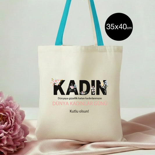 35x40 cm Turkuaz Kulp Ham Bez Çanta Baskılı - Kadınlar Günü