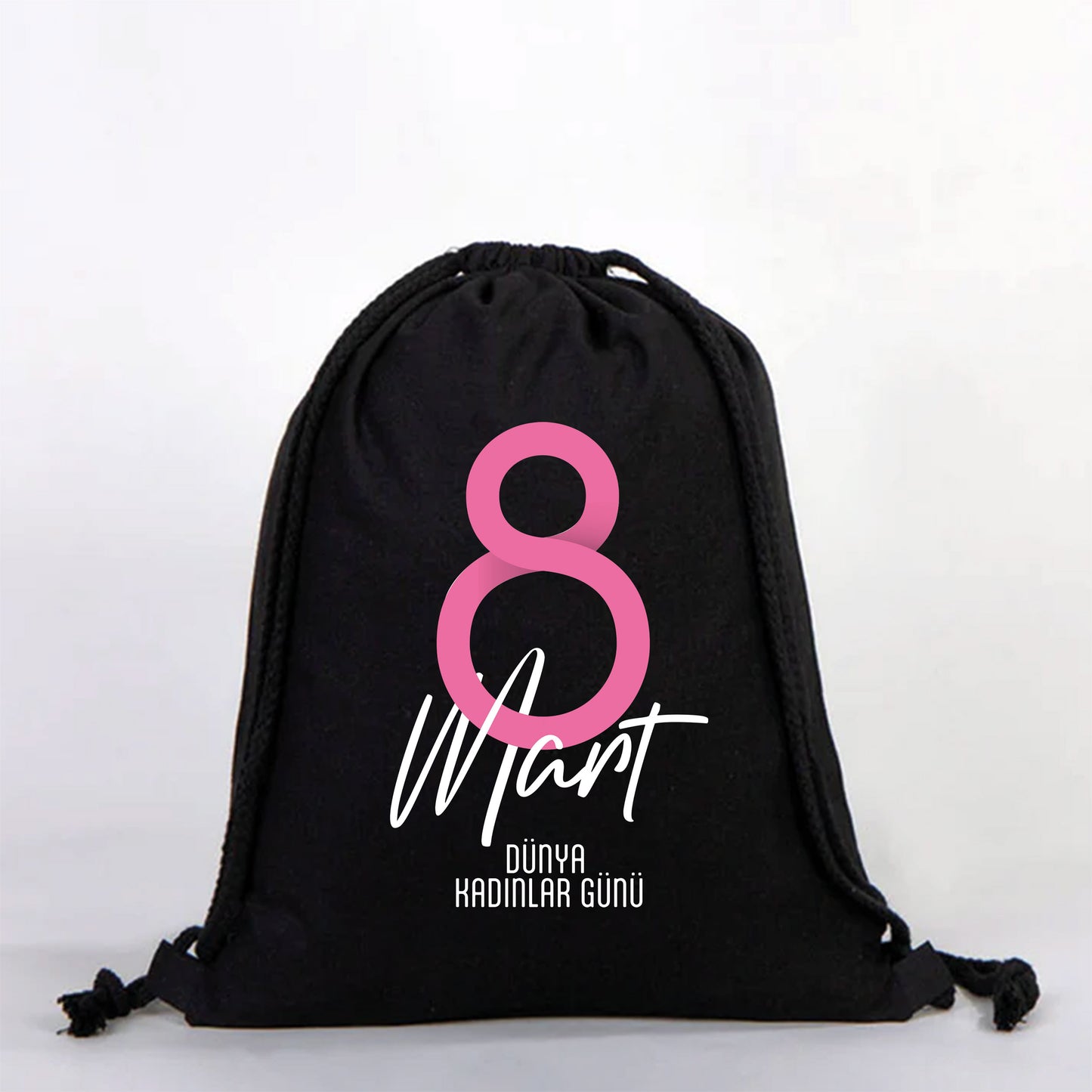 35x40 cm Siyah Bez Sırt Çantası Ham Bez Büzgülü - Kadınlar Günü