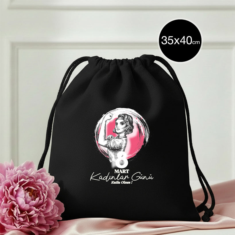 35x40 cm Siyah Bez Sırt Çantası Ham Bez Büzgülü - Kadınlar Günü