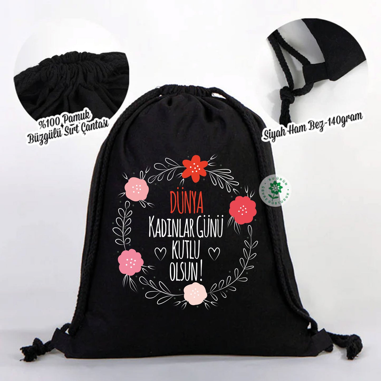 35x40 cm Siyah Bez Sırt Çantası Ham Bez Büzgülü - Kadınlar Günü