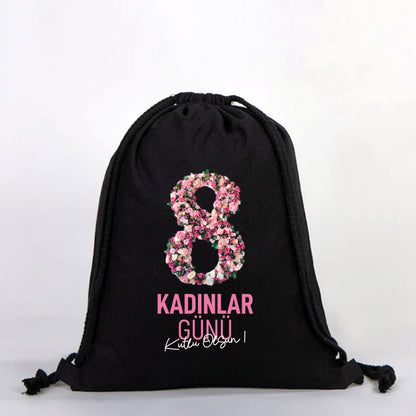 35x40 cm Siyah Bez Sırt Çantası Ham Bez Büzgülü - Kadınlar Günü