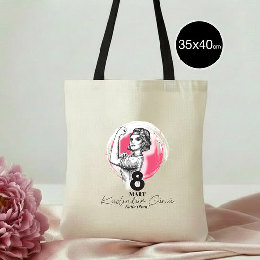 35x40 cm Siyah Kulp Ham Bez Çanta Baskılı - Kadınlar Günü