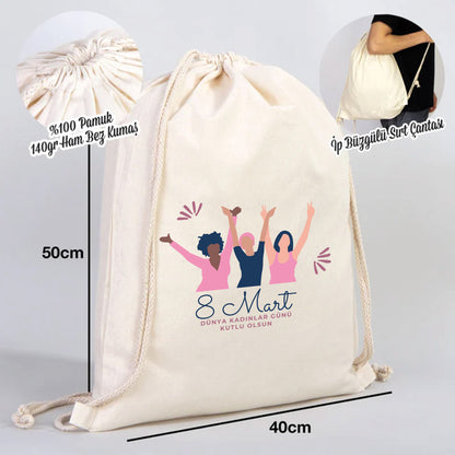 40x50 cm Ham Bez Büzgülü Sırt Çantası - Kadınlar Günü