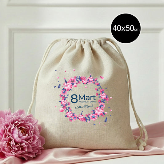 40x50 cm Ham Bez Büzgülü Sırt Çantası - Kadınlar Günü