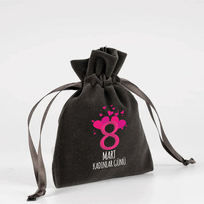 10x13 cm Antrasit Kadife Gül Kese - Kadınlar Günü Hediyesi