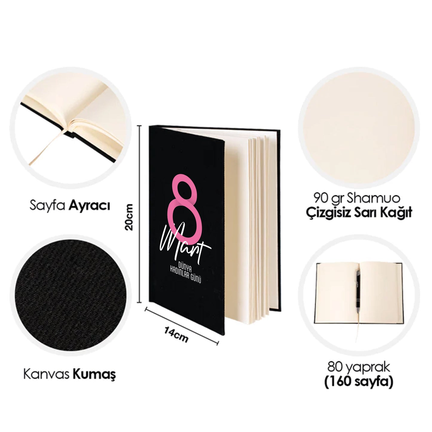 14x20 cm Siyah Kanvas Defter - Kadınlar Günü Hediyesi