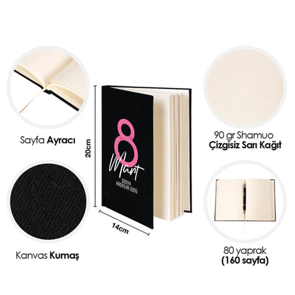 14x20 cm Siyah Kanvas Defter - Kadınlar Günü Hediyesi