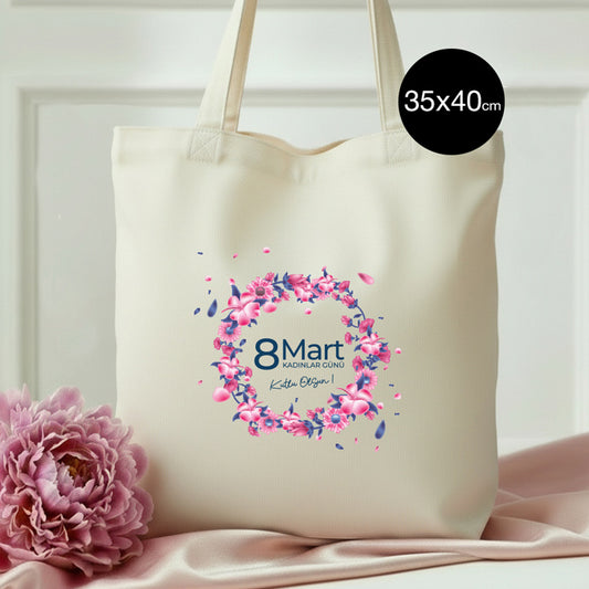 35x40 cm Natural İç Cepli Kanvas Bez Çanta - Kadınlar Günü