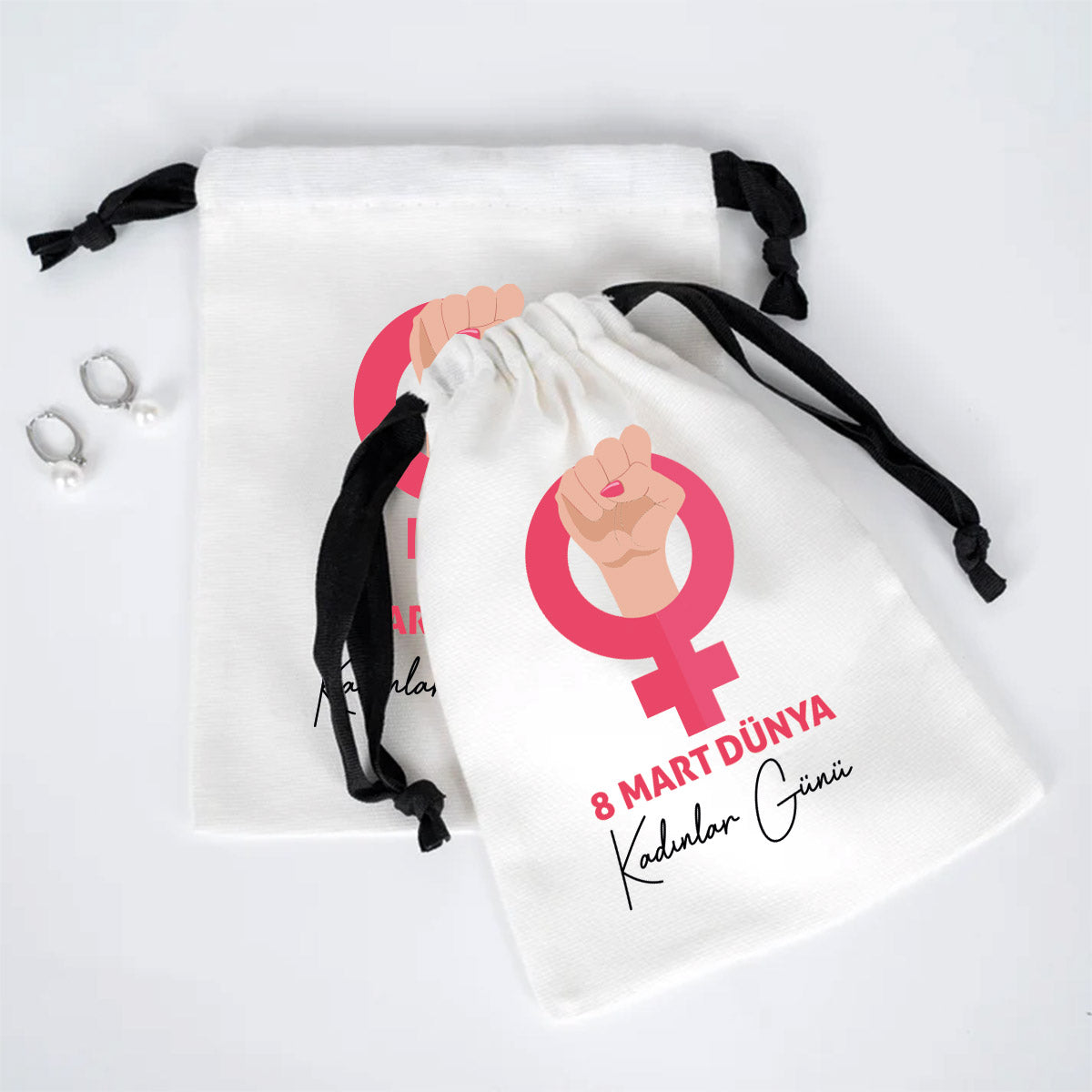 15x20 cm Beyaz Panama Siyah İpli Bez Kese - Kadınlar Günü Hediyesi