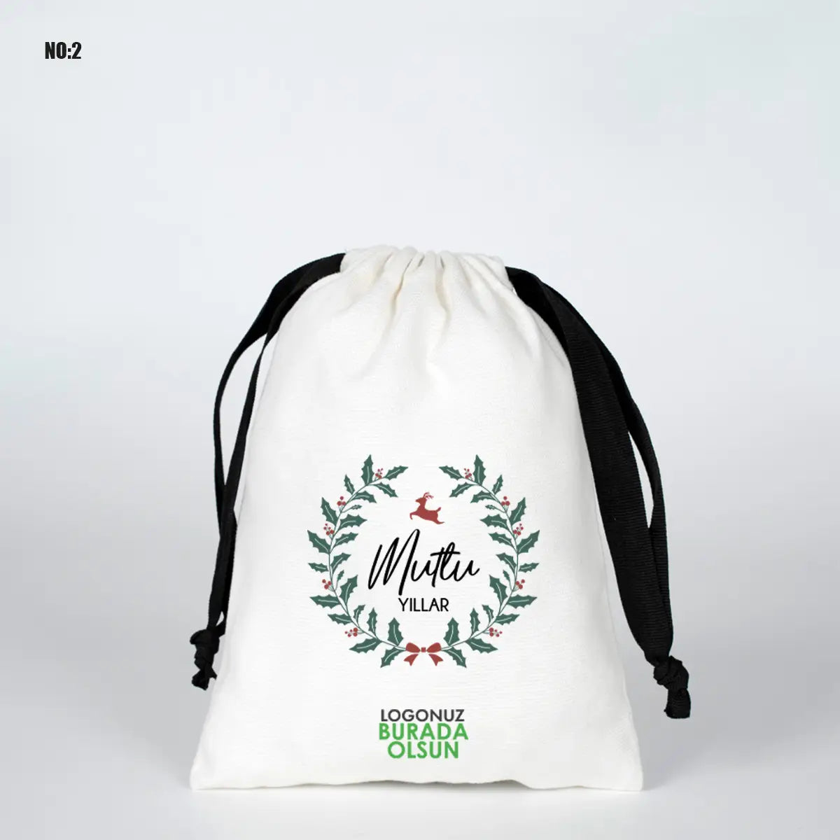 Yılbaşına Özel Siyah İpli Bez Kese - Beyaz Panama Kumaş