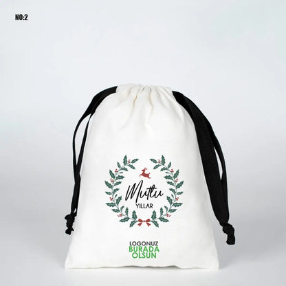 Yılbaşına Özel Siyah İpli Bez Kese - Beyaz Panama Kumaş