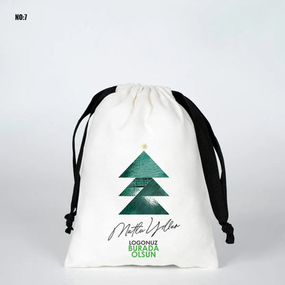 Yılbaşına Özel Siyah İpli Bez Kese - Beyaz Panama Kumaş