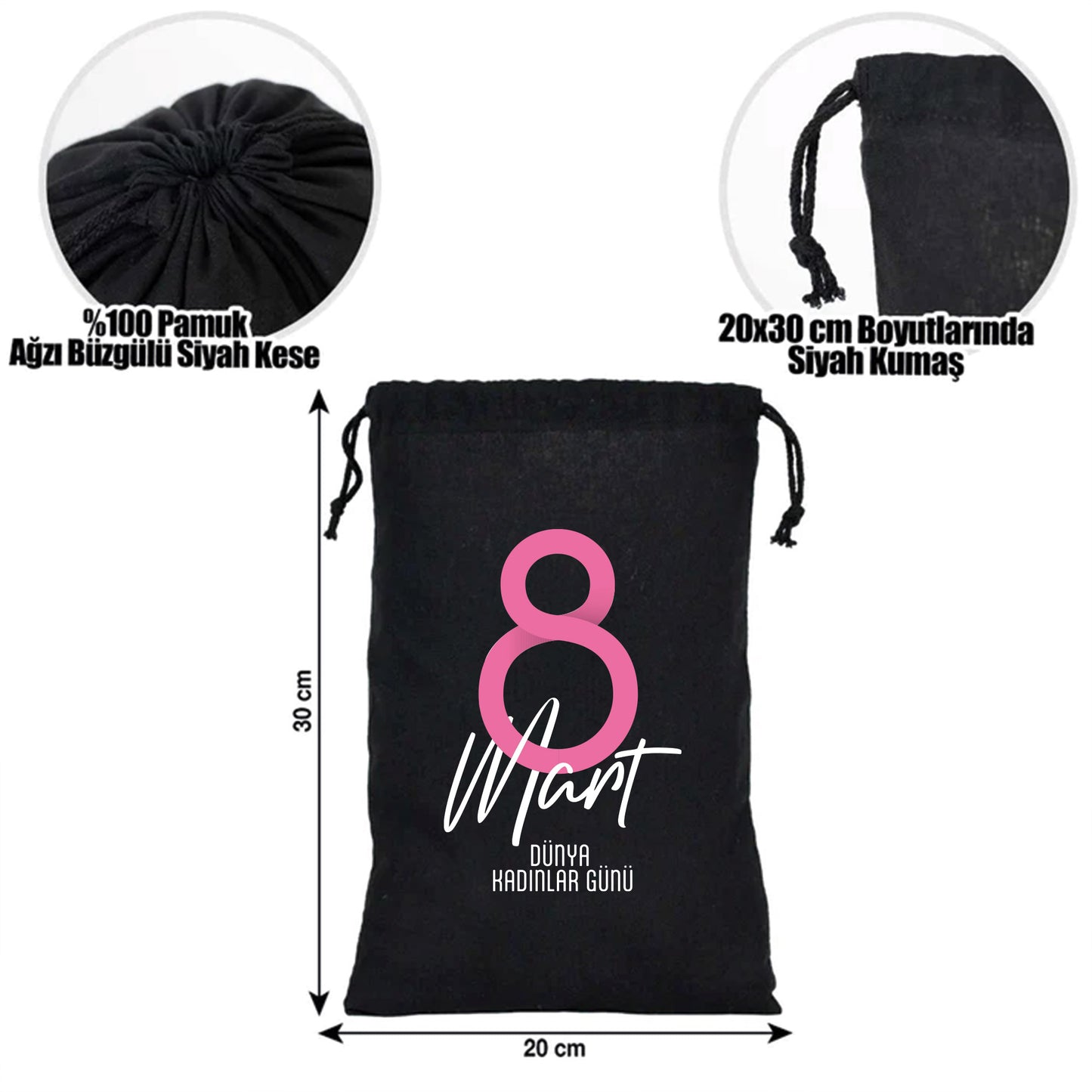 20x30 cm Siyah Bez Kese - Kadınlar Günü Hediyesi