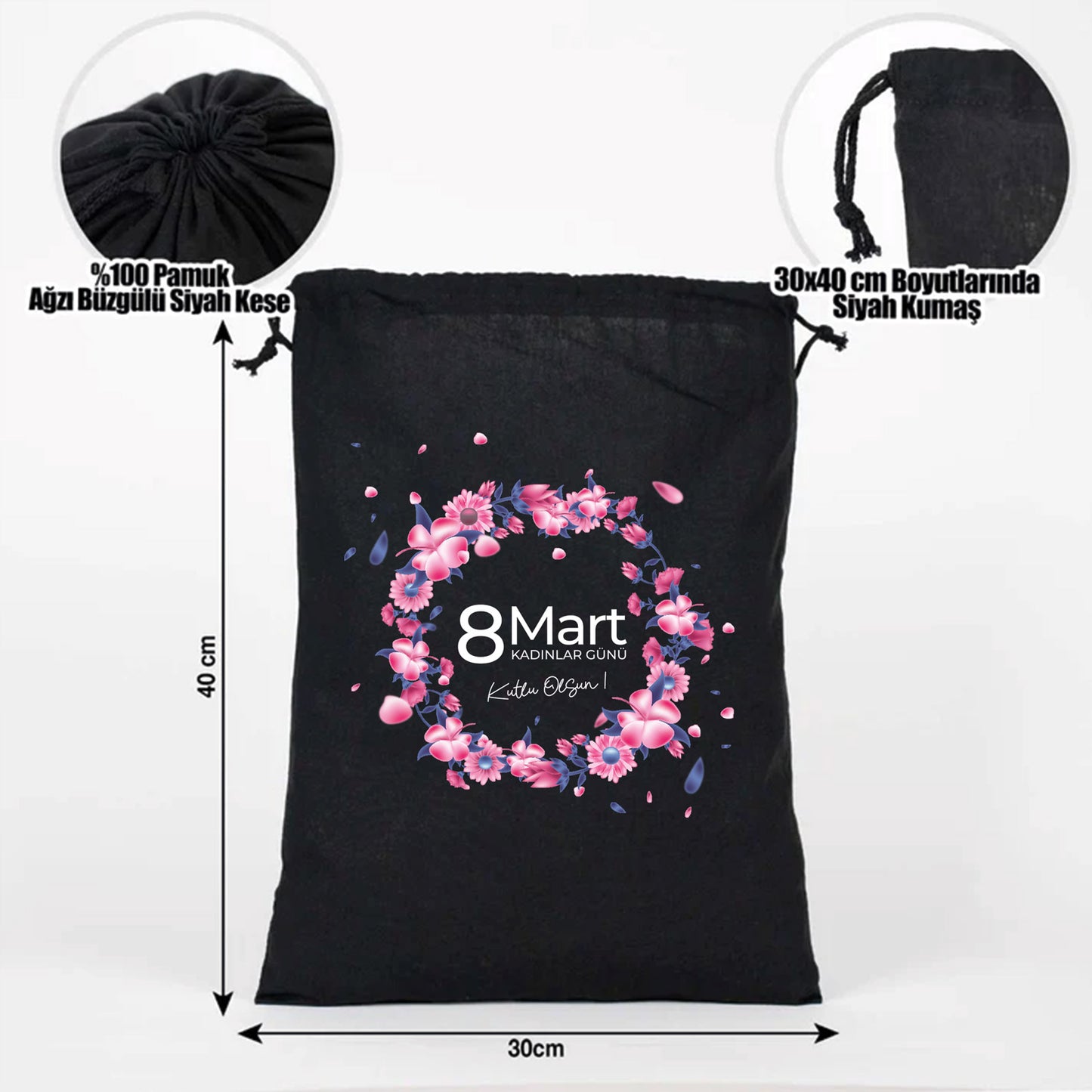 30x40 cm Siyah Bez Kese - Kadınlar Günü Hediyesi