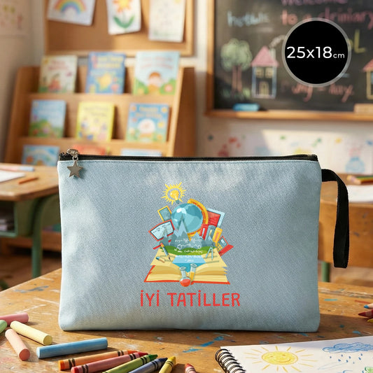 Karne Günü Hediyesi Açık Mavi Clutch Kanvas Çanta 25×18 cm – Astarlı