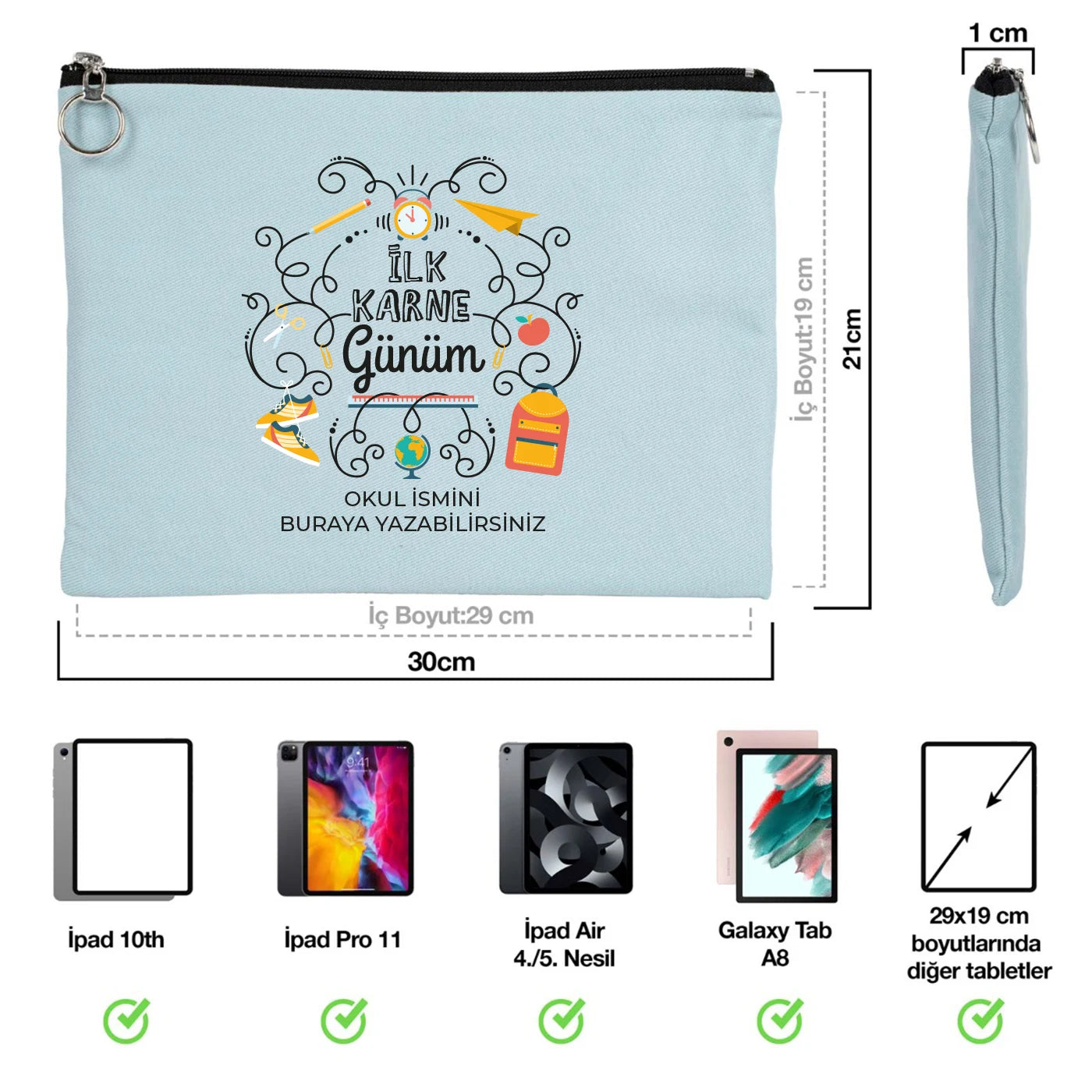 Karne Günü Özel Portföy Çanta – Açık Mavi 30×21 cm (Astarlı, Özelleştirilebilir)