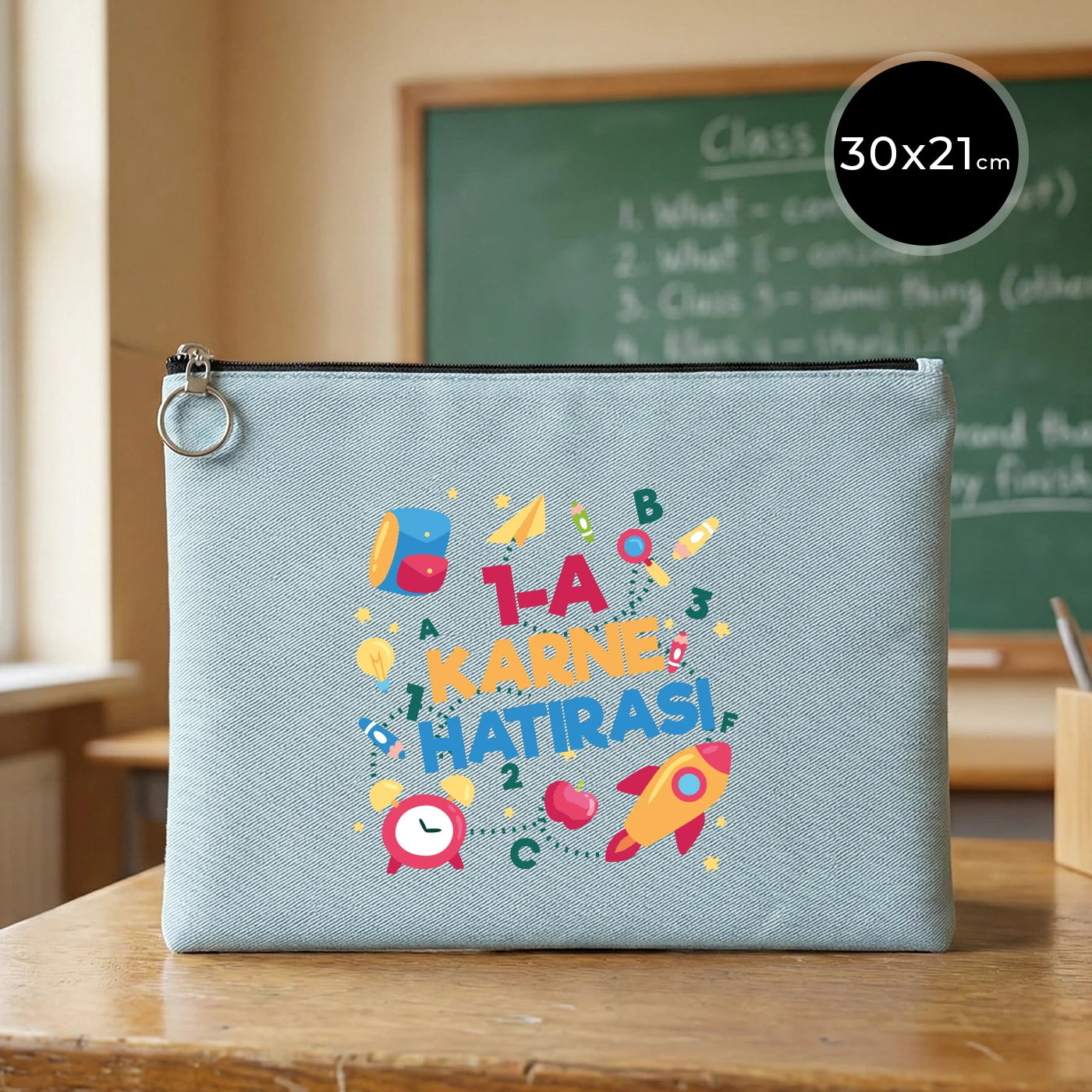 Karne Günü Özel Portföy Çanta – Açık Mavi 30×21 cm (Astarlı, Özelleştirilebilir)