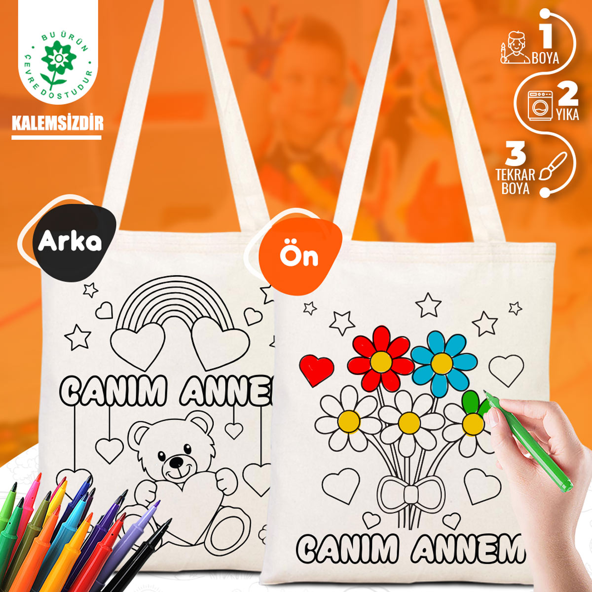 Boyanabilir Canım Annem Ham Bez Çanta - 35x40 cm - AYICIK ÇİÇEK Desenli