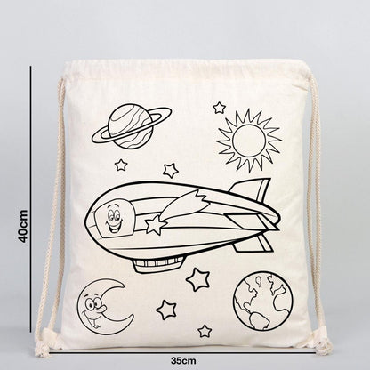 Boyanabilir Astronot/Zeplin Büzgülü Bez Çanta - Kalemli