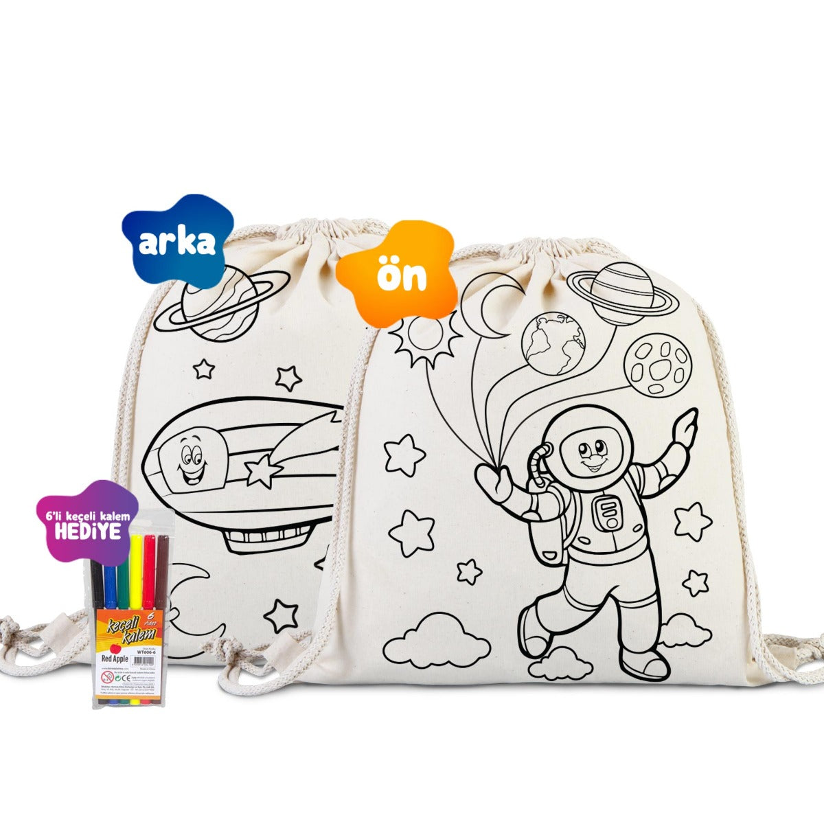 Boyanabilir Astronot/Zeplin Büzgülü Bez Çanta - Kalemli