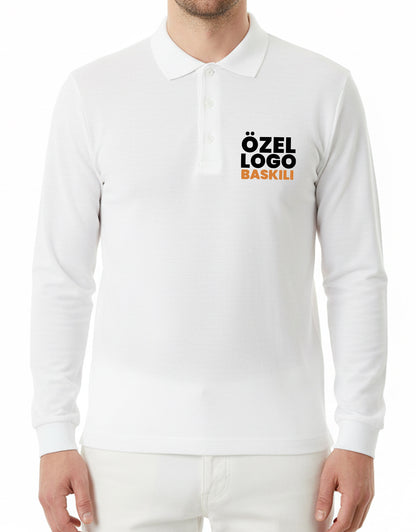 Baskılı Polo Yaka Uzun Kol Beyaz Tişört