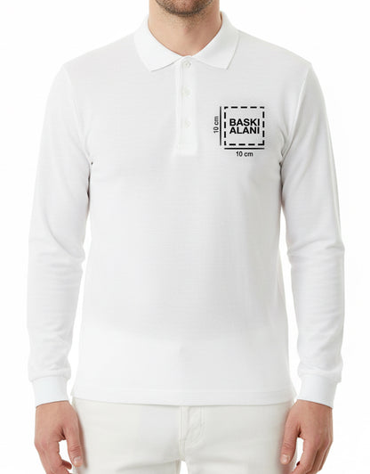 Baskılı Polo Yaka Uzun Kol Beyaz Tişört