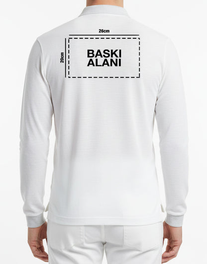 Baskılı Polo Yaka Uzun Kol Beyaz Tişört