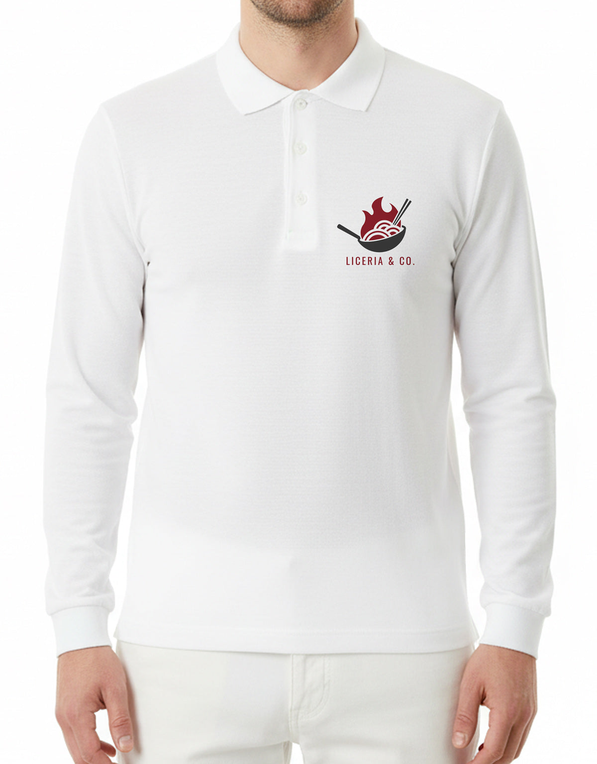 Baskılı Polo Yaka Uzun Kol Beyaz Tişört