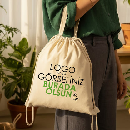 Çok Yönlü İp Büzgülü Bez Çanta, 35x40cm - Elde, Omuzda ve Sırtta (Özelleştirilebilir)