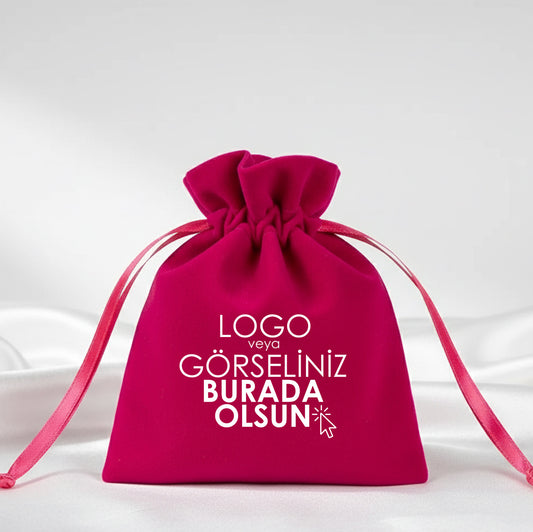 Kadife Gül Kese 10x13 cm - Fuşya (Özelleştirilebilir)