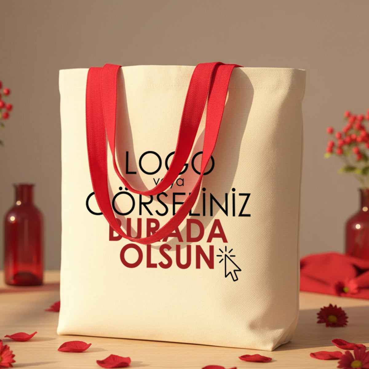 Kanvas Plaj Çantası Kırmızı Kulp 48x41x10 cm ( Özelleştirilebilir)