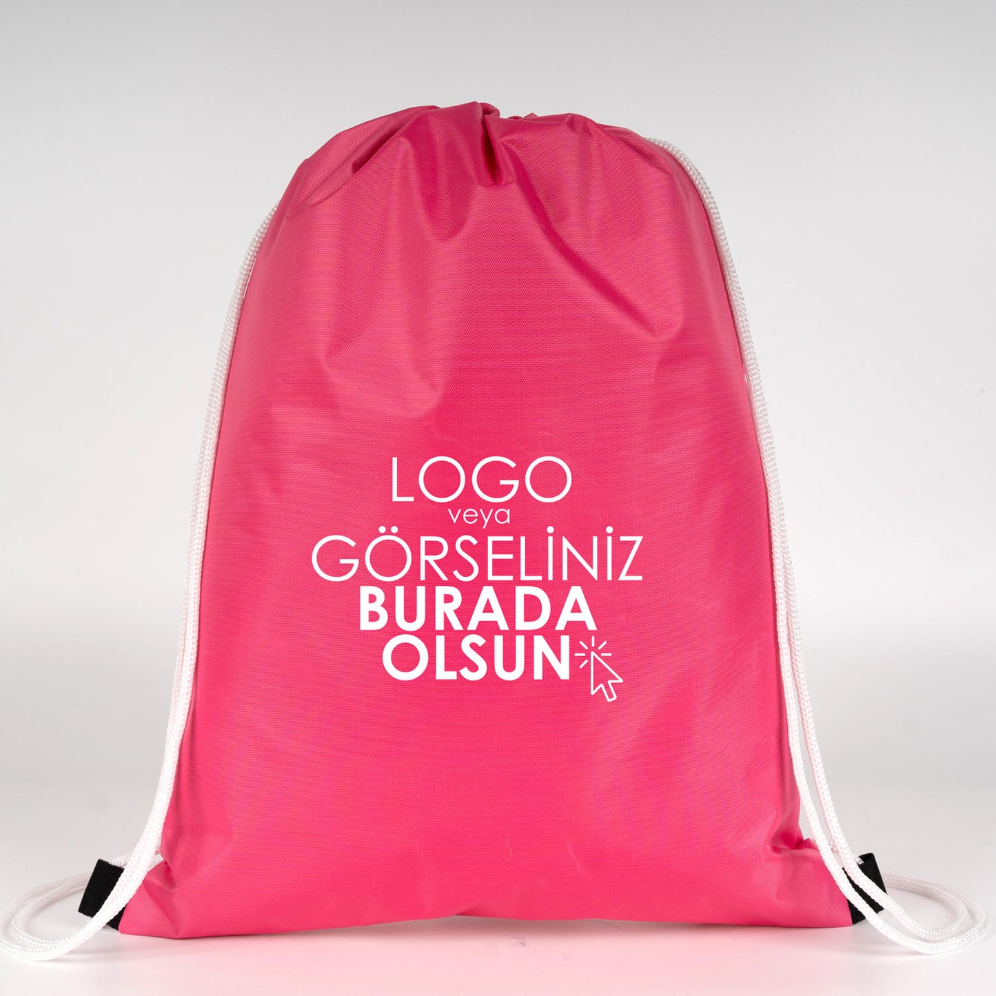 Beyaz ipli fuşya baskılı sırt çantası, modern tasarımı ve 45° açıyla duruşuyla dikkat çekiyor.