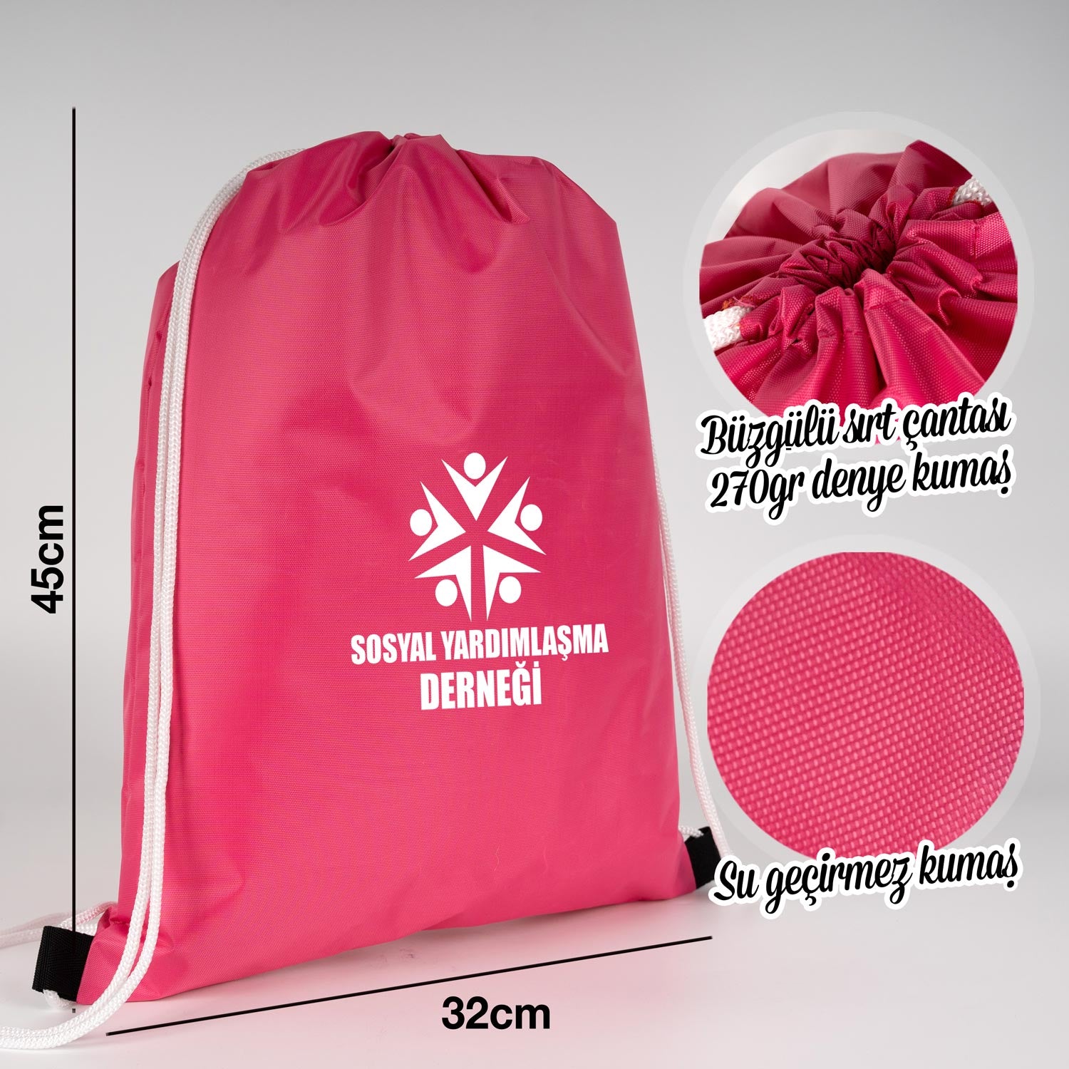 Beyaz ipli 32x45 cm fuşya imperteks kumaş çanta, baskılı ve suya dayanıklı.