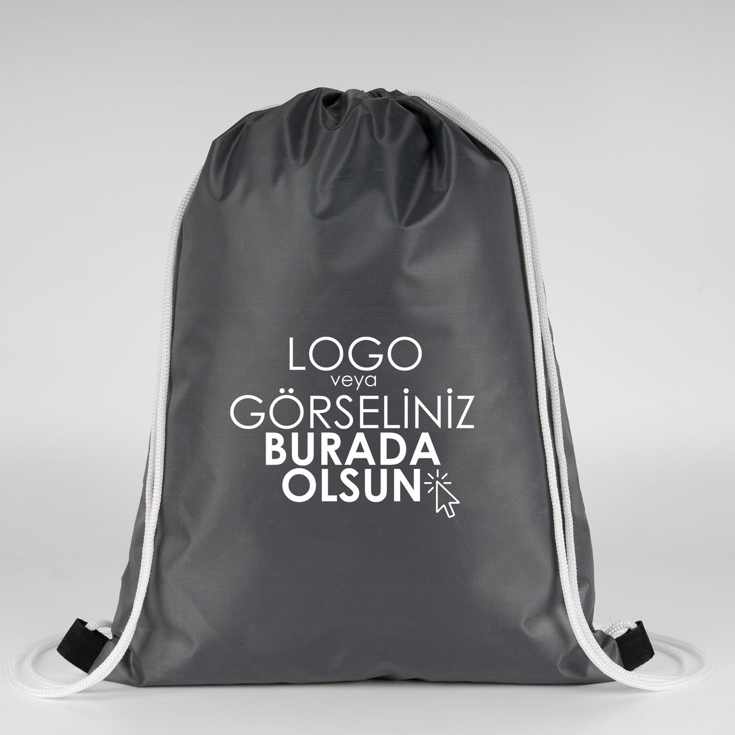 Beyaz ipli antrasit çanta, 32x45 cm boyutunda ve sportif tarzda.
