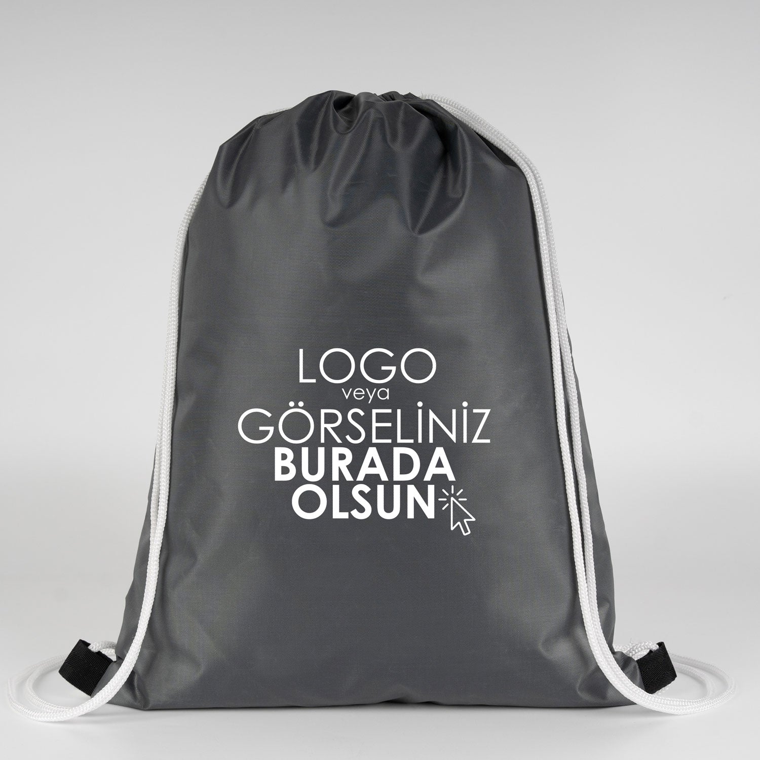 Beyaz ipli antrasit çanta, 32x45 cm boyutunda ve sportif tarzda.