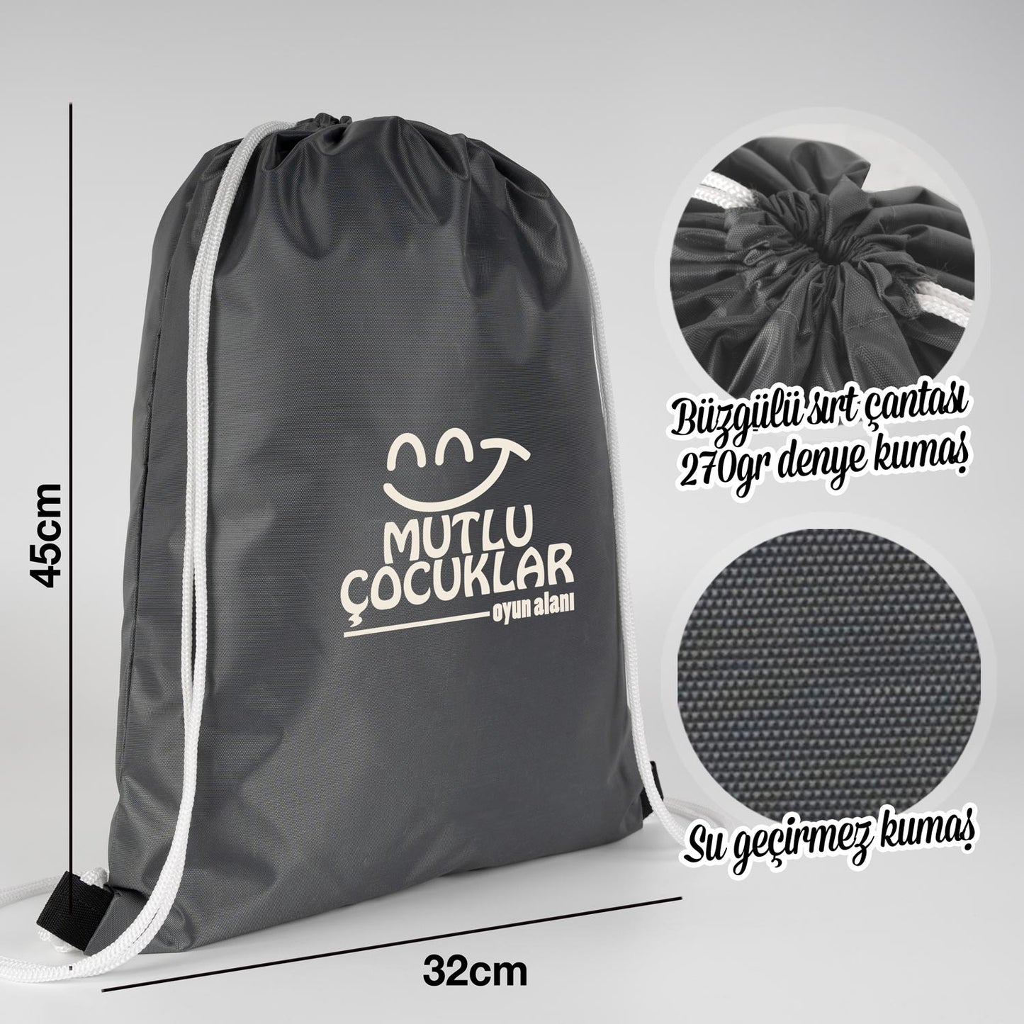 Beyaz ipli 32x45 cm antrasit imperteks kumaş çanta, baskısız ve suya dayanıklı.