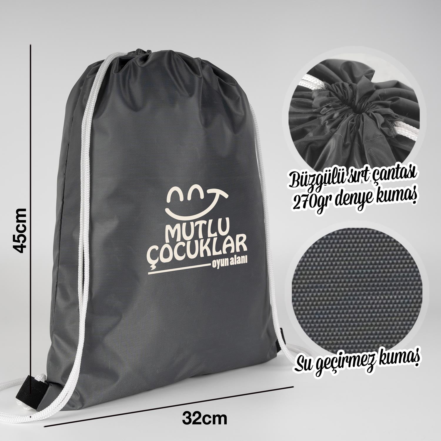 Beyaz ipli 32x45 cm antrasit imperteks kumaş çanta, baskısız ve suya dayanıklı.