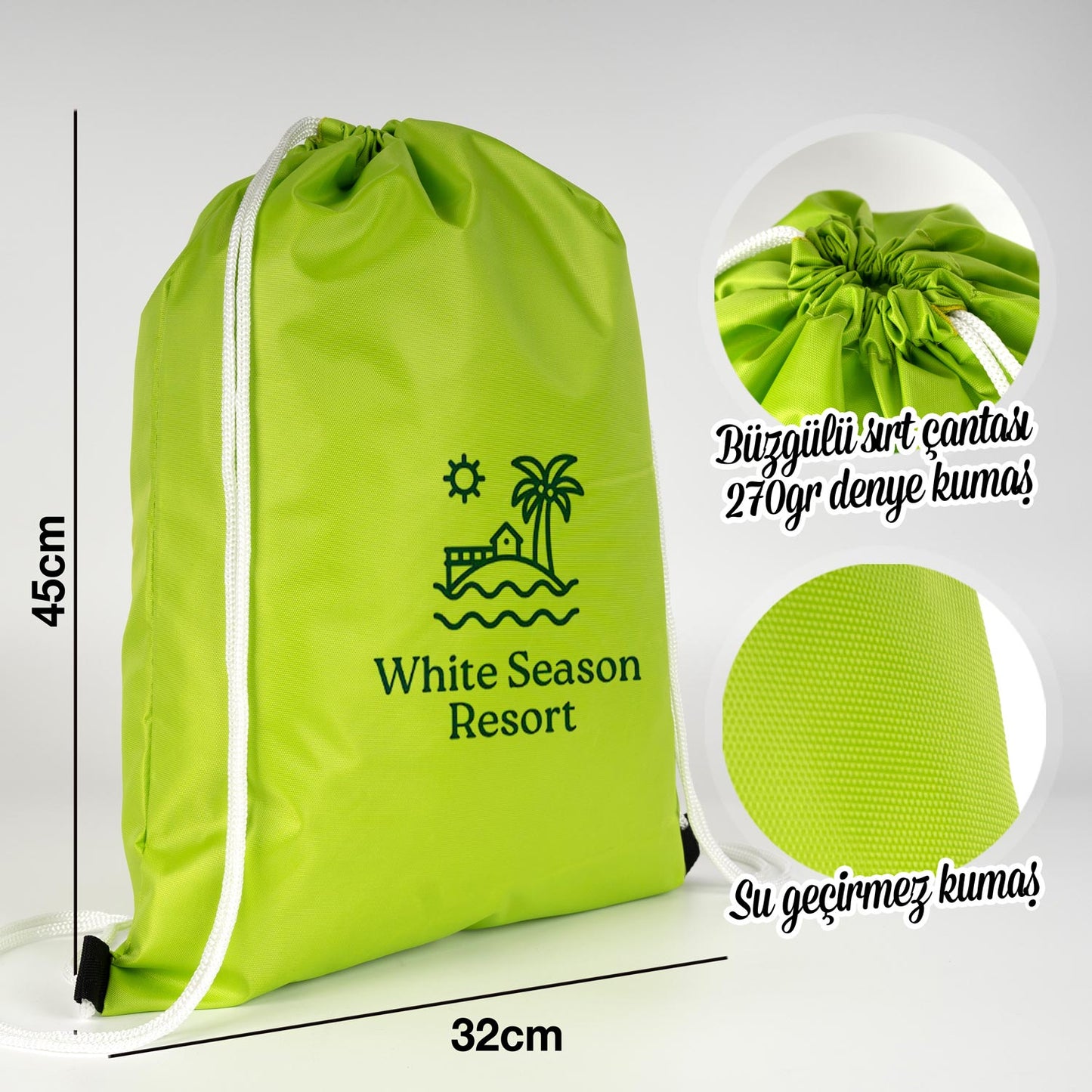 Beyaz ipli 32x45 cm neon fıstık yeşili imperteks kumaş sırt çantası, baskılı ve suya dayanıklı.