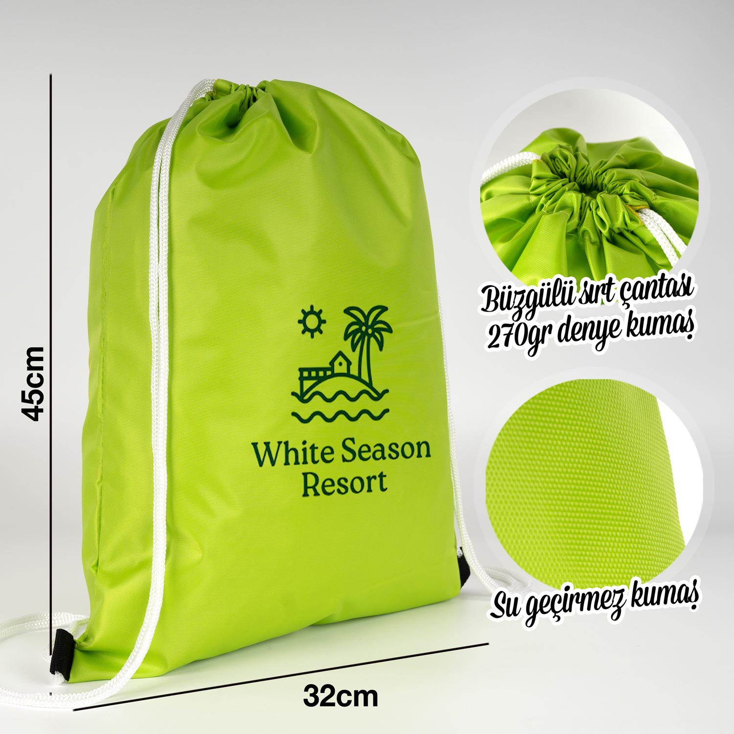 Beyaz ipli 32x45 cm neon fıstık yeşili imperteks kumaş sırt çantası, baskılı ve suya dayanıklı.