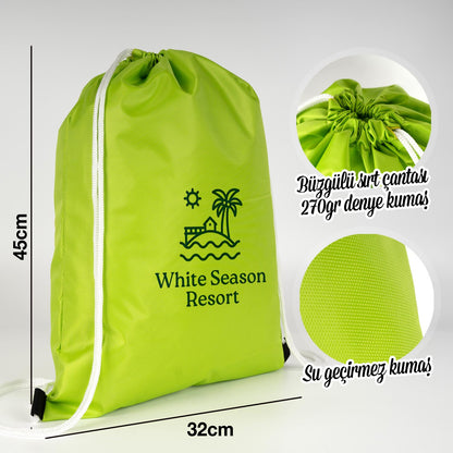 Beyaz ipli 32x45 cm neon fıstık yeşili imperteks kumaş sırt çantası, baskılı ve suya dayanıklı.