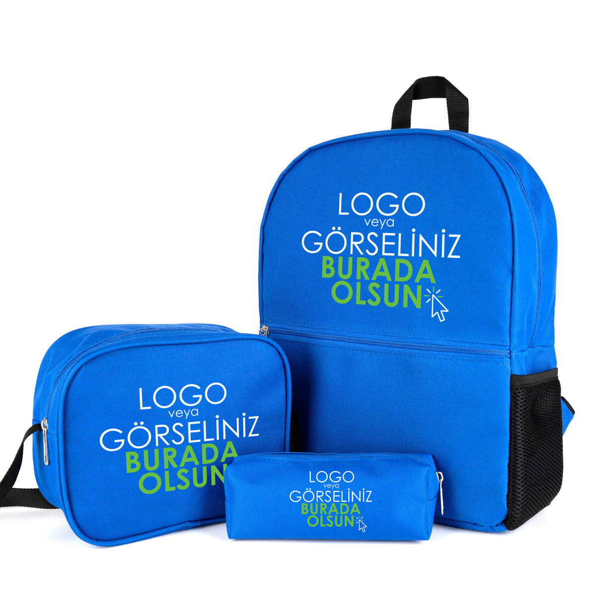 Okul Öğrenci Çanta Seti Sırt Çantası Beslenme Çantası Kalemlik Mavi (Özelleştirilebilir)