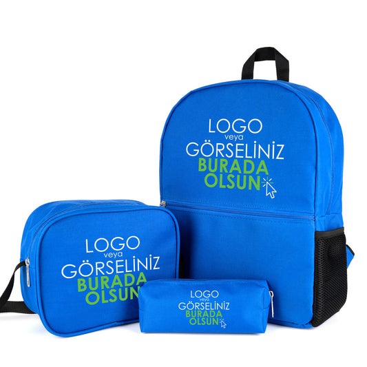 Okul Öğrenci Çanta Seti Sırt Çantası Beslenme Çantası Kalemlik Mavi (Özelleştirilebilir)