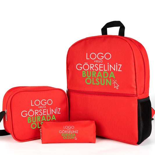 Okul Öğrenci Çanta Seti Sırt Çantası Beslenme Çantası Kalemlik Kırmızı (Özelleştirilebilir)