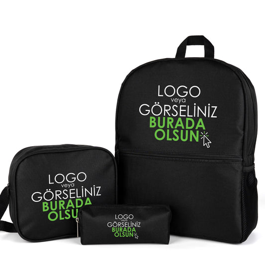 Okul Öğrenci Çanta Seti Sırt Çantası Beslenme Çantası Kalemlik Siyah (Özelleştirilebilir)