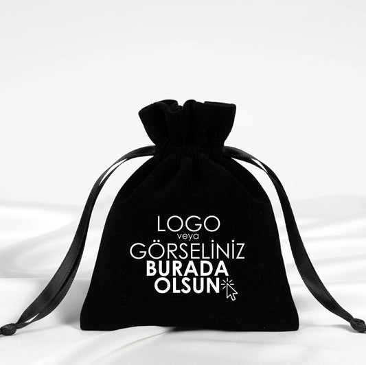 Kadife Gül Kese 10x13 cm - Siyah (Özelleştirilebilir)